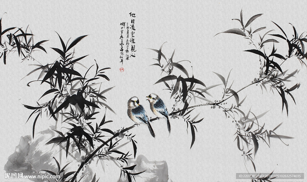 中国风水墨工笔竹子花鸟背景墙