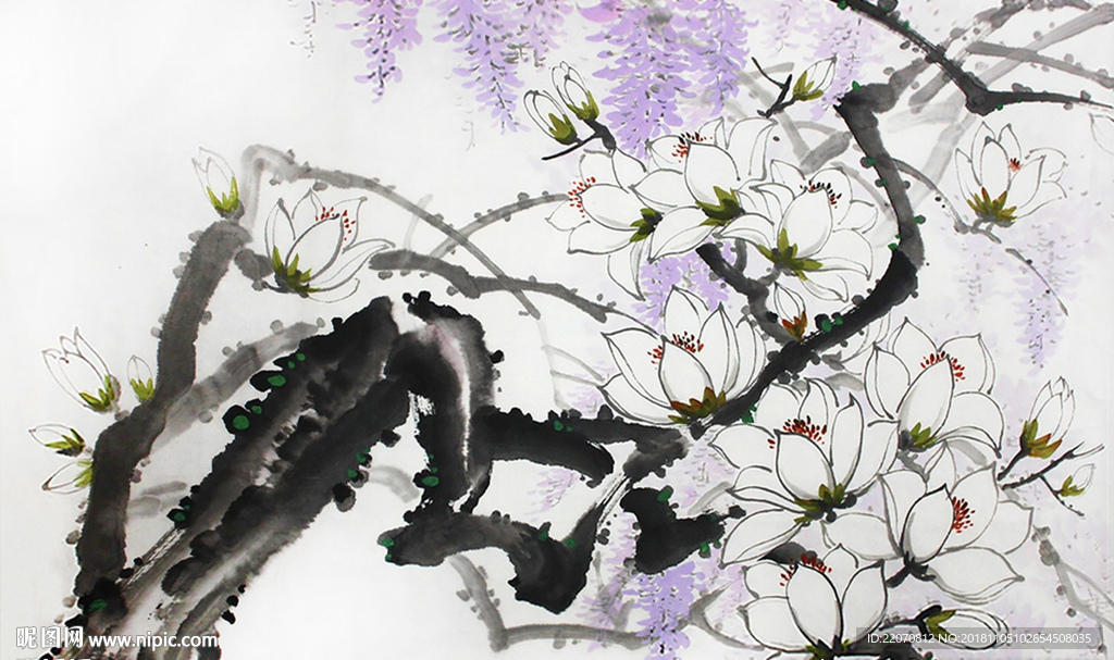 中国风水墨工笔手绘玉兰花背景墙