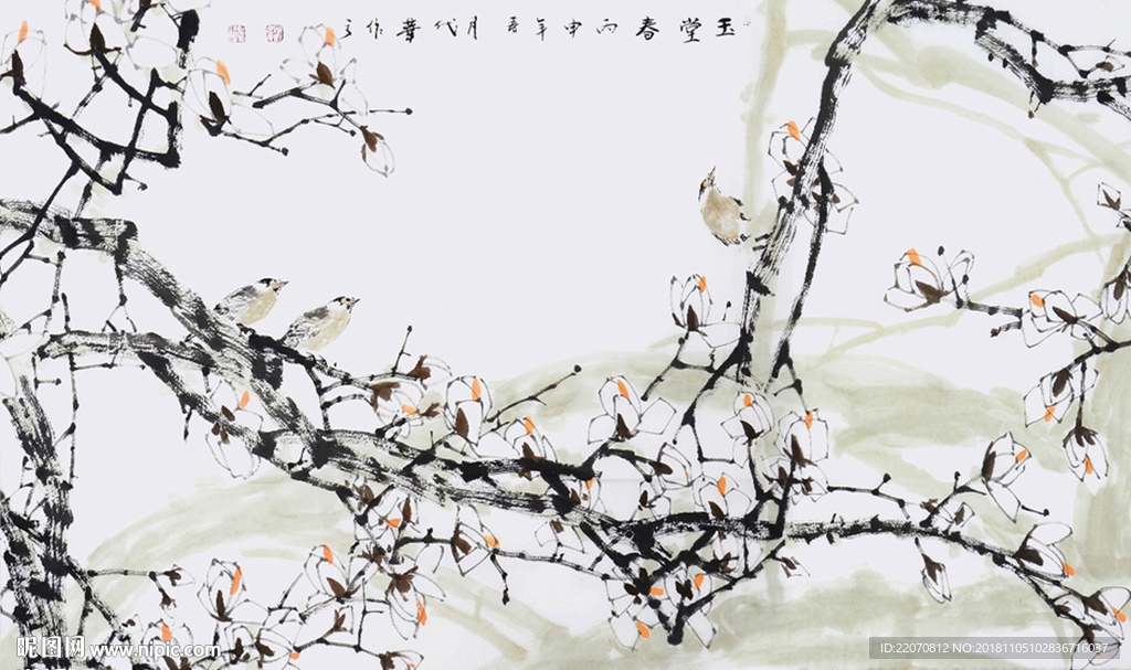 中国风水墨工笔画花鸟背景墙