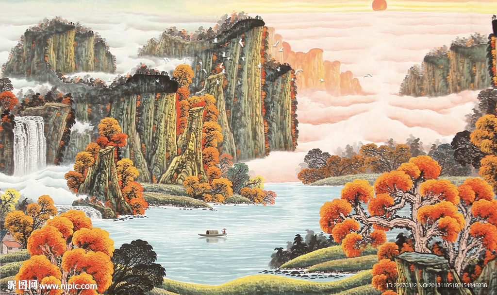 国画瀑布山水流水生财背景墙