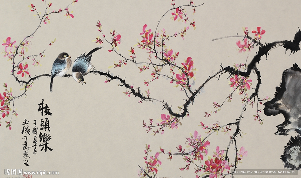 中国风手绘唯美花鸟背景墙