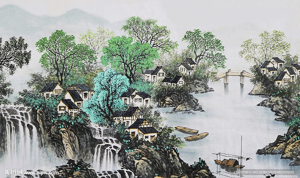 中国风山水瀑布江南风情背景墙