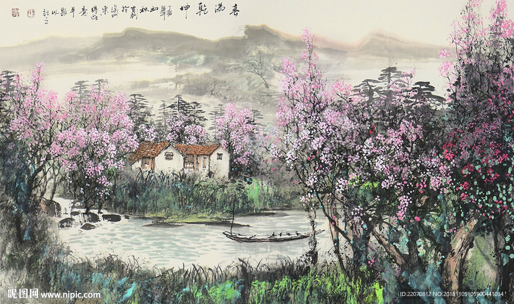 中式艺术万紫千红山水画背景墙