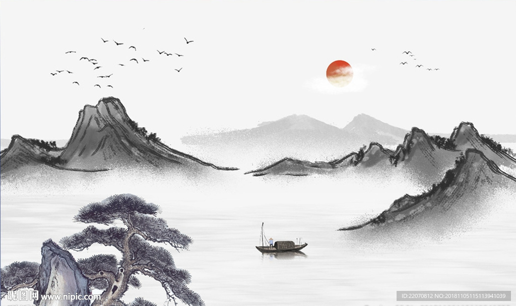 新中式松枝松鹤山水背景墙