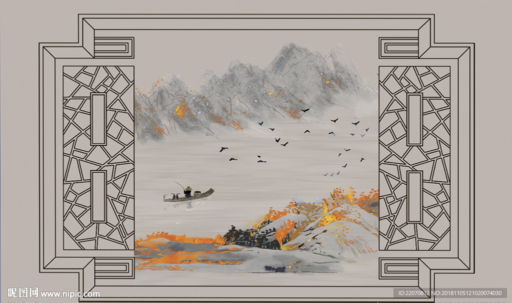 新中式水墨国画抽象山水背景墙