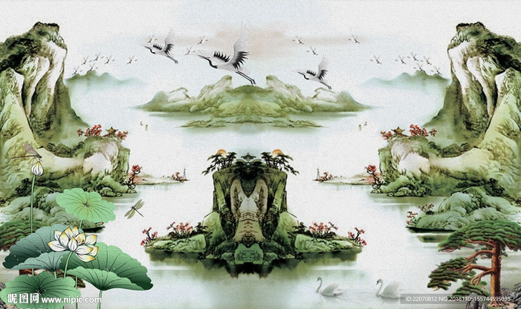 新中式山水风光飞鹤天鹅背景墙