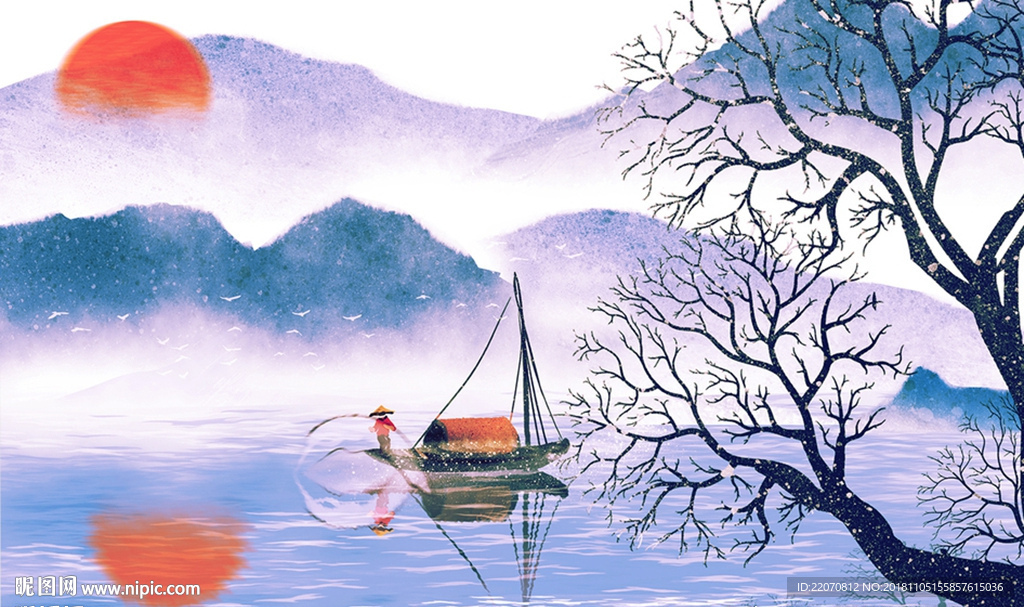 新中式山水倒影背景墙