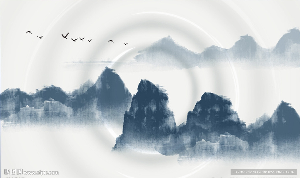 中式蓝色水墨国画抽象山水背景墙