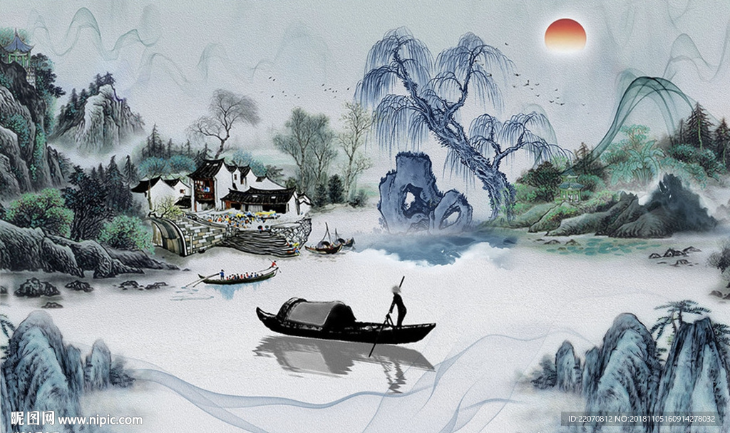 新中式江南渔村水墨山水画背景墙