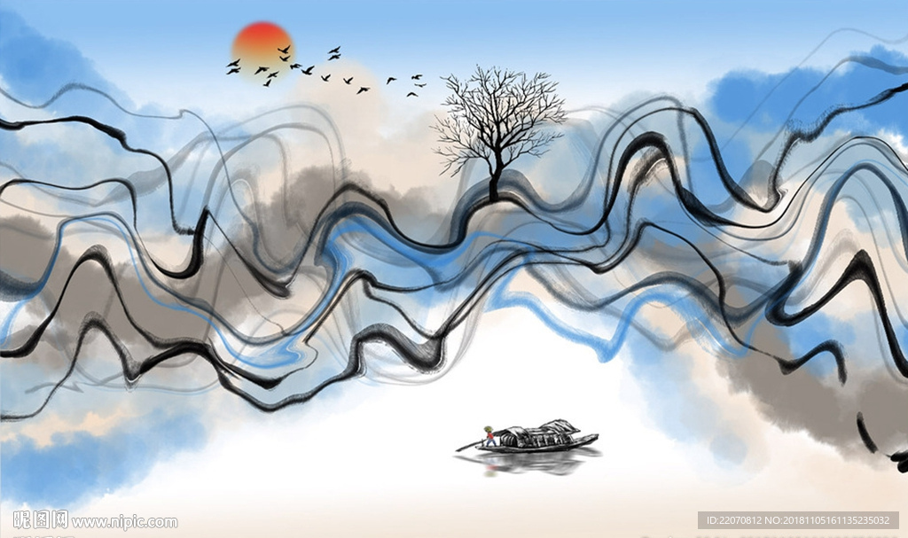 简约水墨抽象山水画背景墙