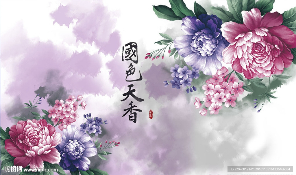中式花开富贵牡丹国画背景墙