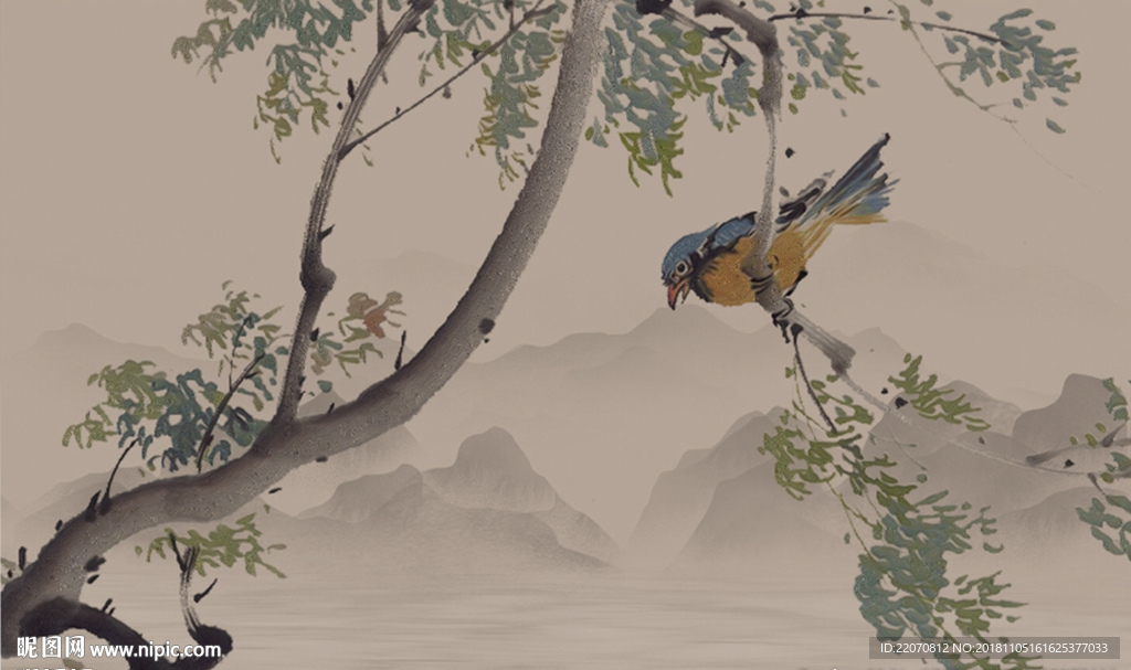 工笔花鸟手绘背景墙