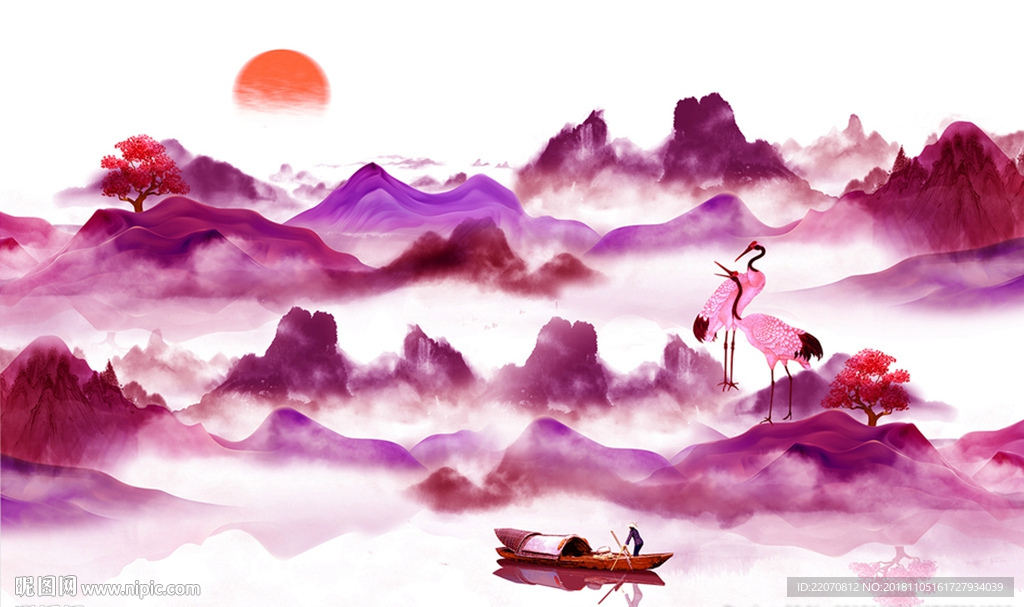 新中式风景山水白鹭背景墙