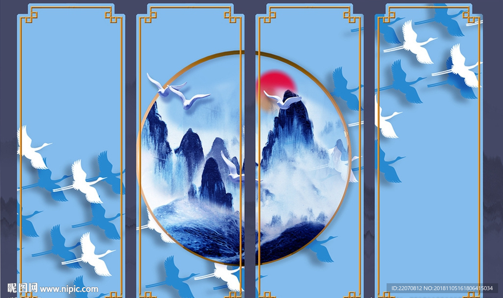 新中式飞鸟山水背景墙