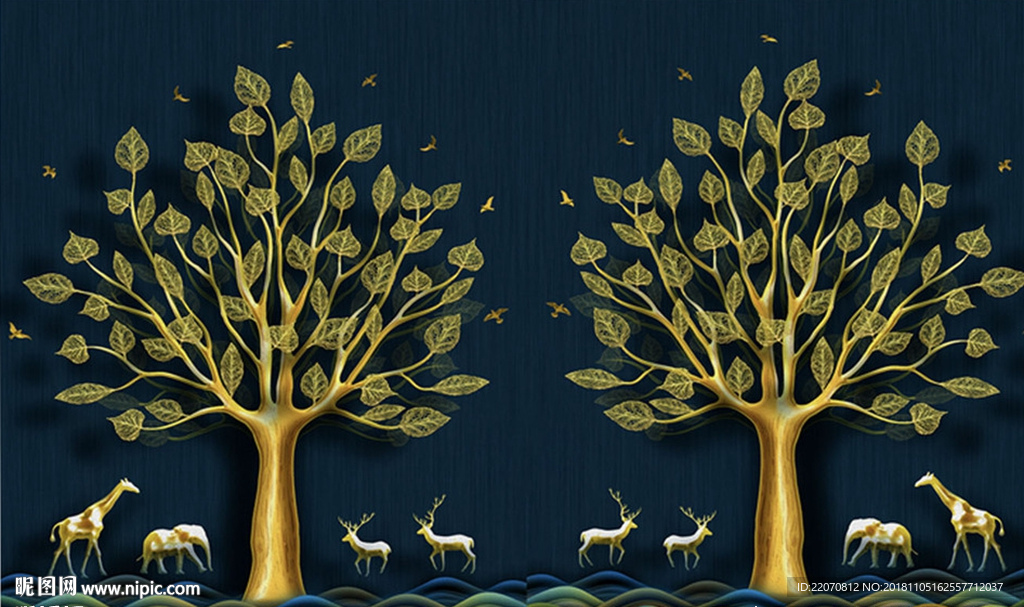 中式抽象金色发财树小鹿背景墙