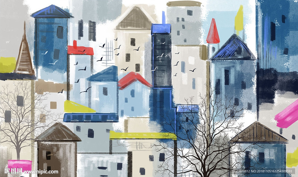 现代手绘抽象城市油画背景墙