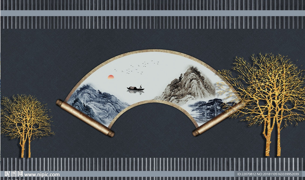 水墨山水金色树背景墙