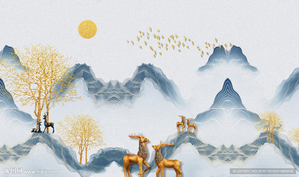 蓝色山水风景金色树麋鹿背景墙