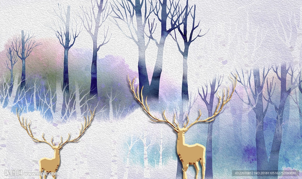 梦幻唯美紫色森林油画麋鹿背景墙