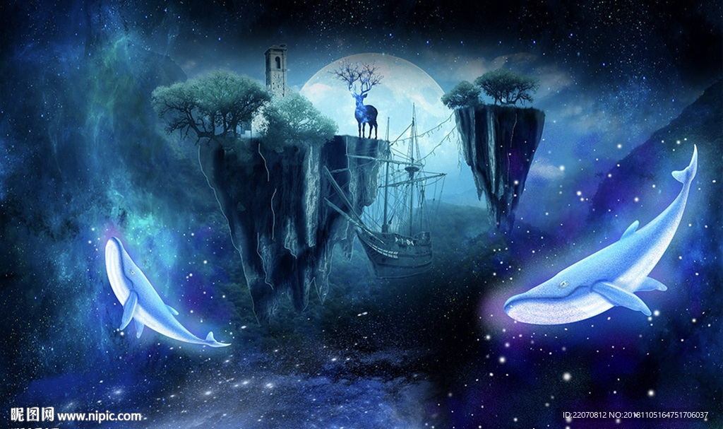 现代风蓝色唯美意境背景墙