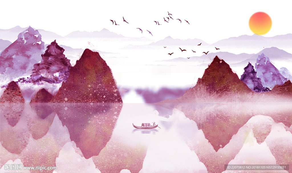 山水小船飞鸟红日背景墙