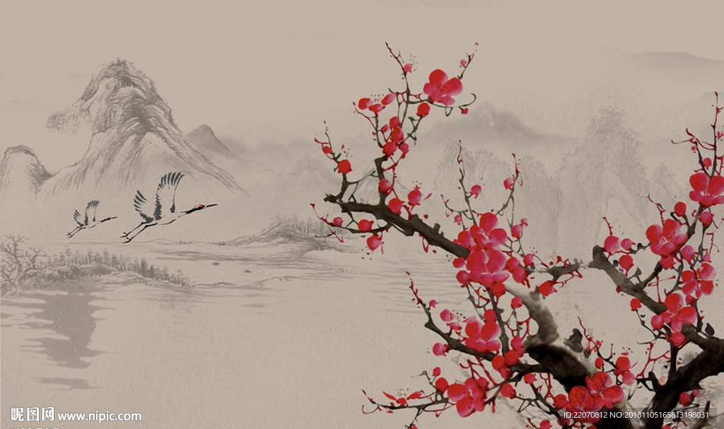 山水情水墨梅花背景墙
