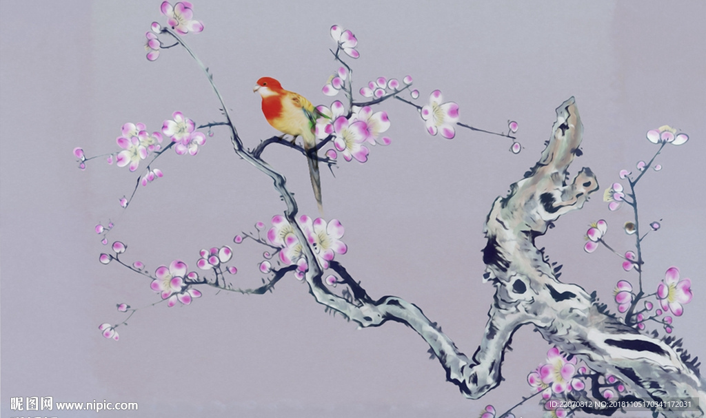 简约国画红雀梅花背景墙