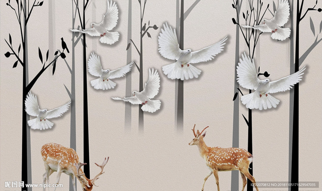 北欧现代简约白鸽鹿背景墙