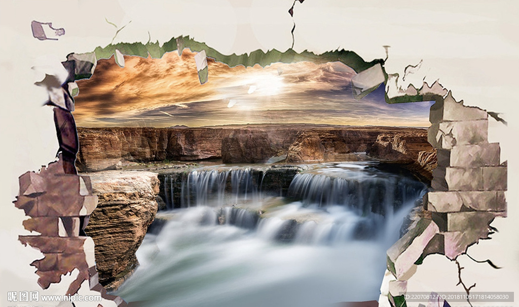立体山水瀑布破洞背景墙