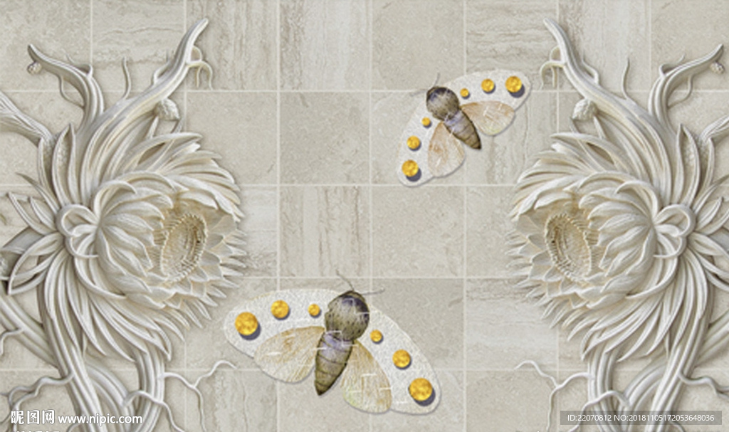 砂岩纹理向日葵浮雕蝴蝶背景墙