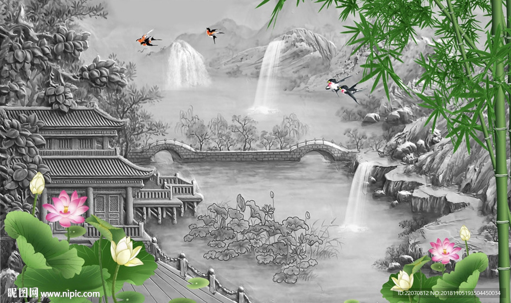 高楼风景绿色竹子荷花背景墙