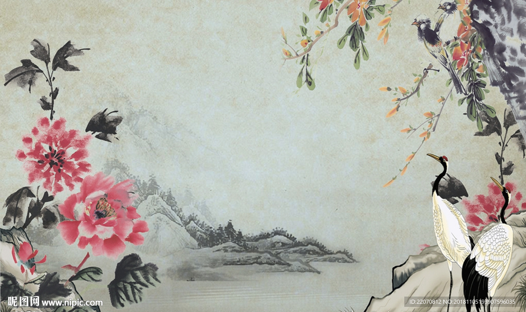 中式牡丹仙鹤背景墙