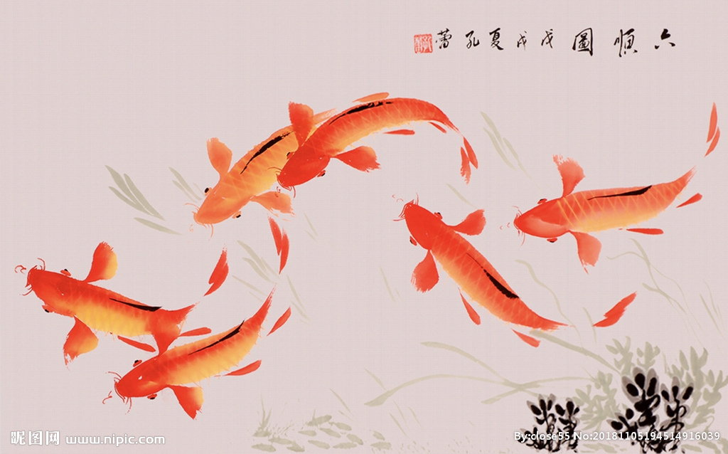 中国风水墨手绘六鱼图背景墙