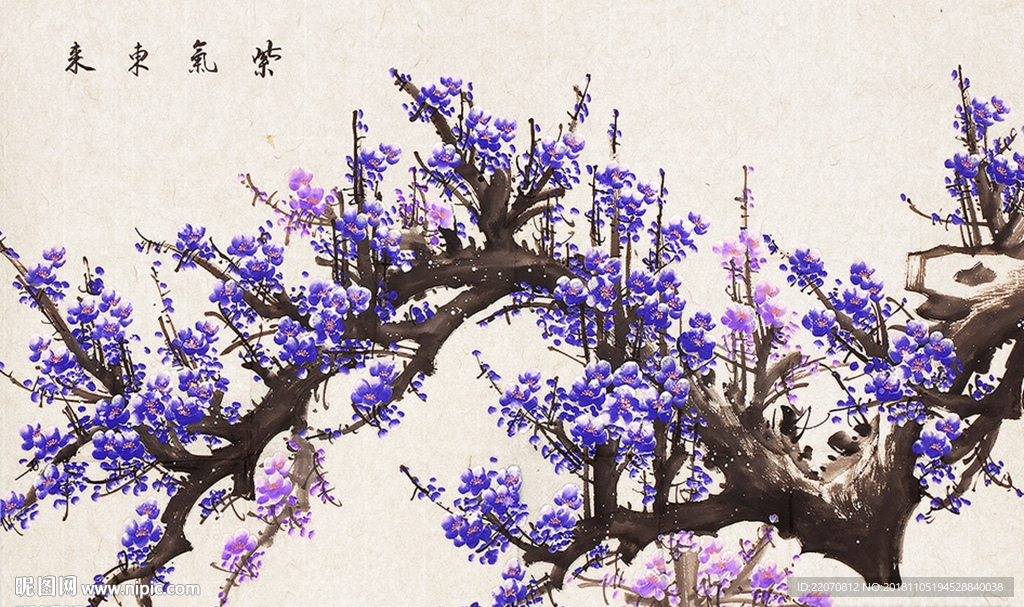 水墨手绘花鸟紫色梅花背景墙