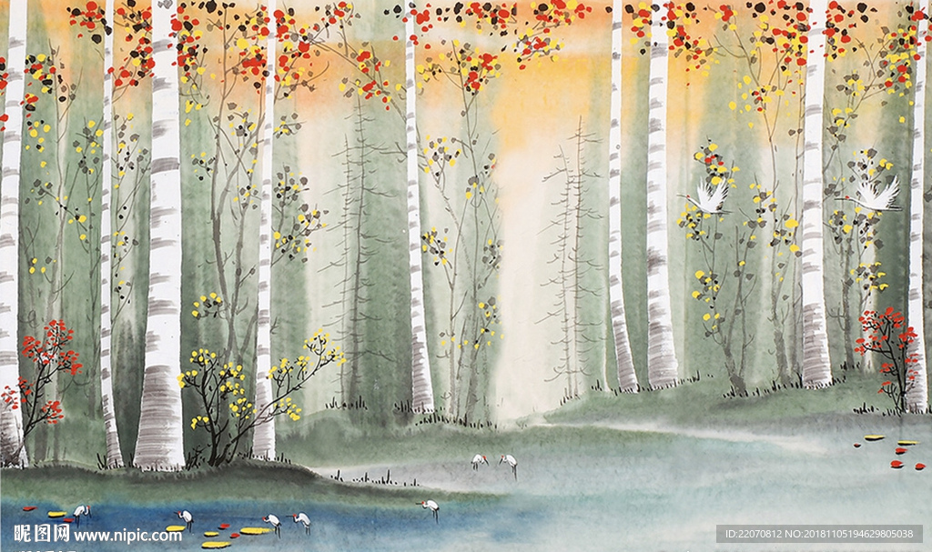 中国风水墨手绘鹤鸣九皋背景墙