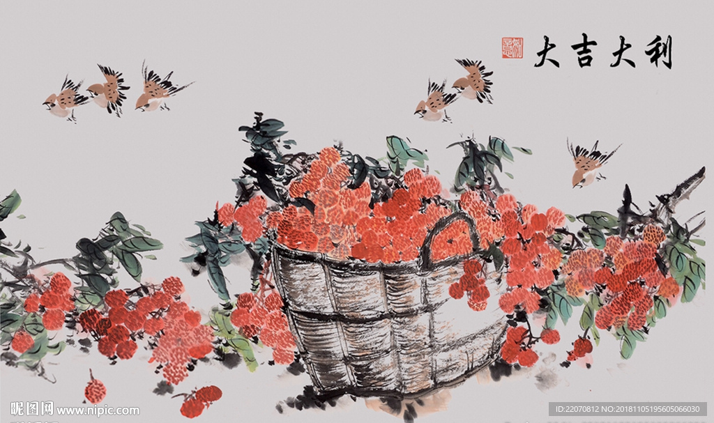 水墨工笔手绘花鸟大吉大利背景墙