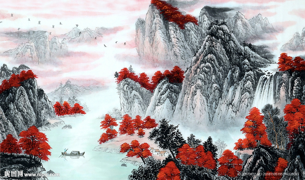 水墨工笔山水流水生财背景墙