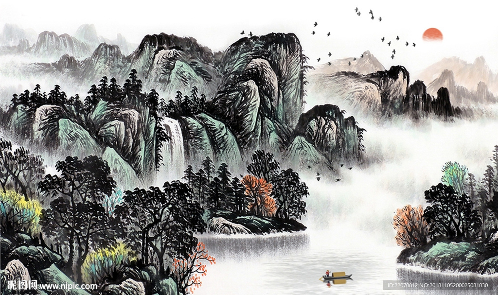 中国风流水生财水墨山水背景墙