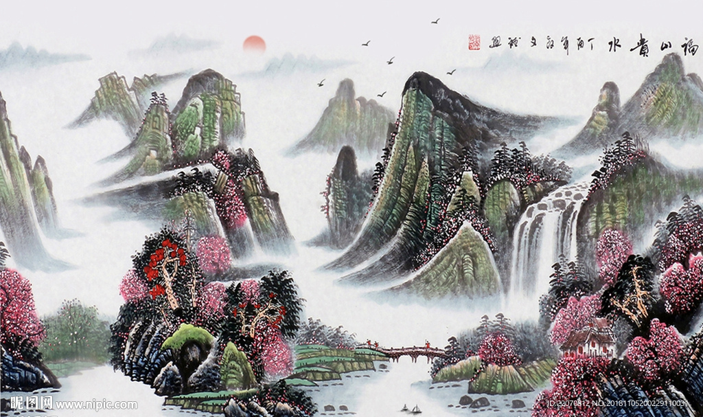 水墨山水世外桃源背景墙