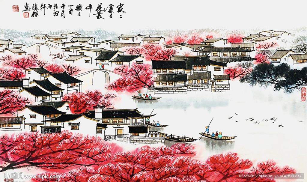 工笔水墨江南水乡背景墙