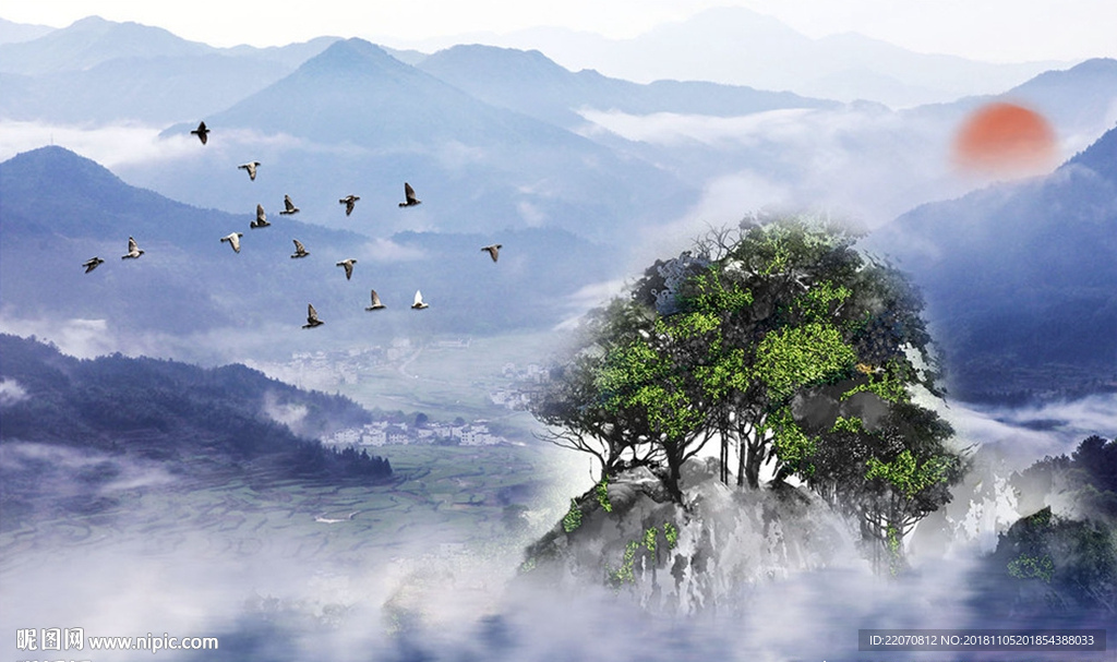 中式唯美山峦飞鸟夕阳背景墙