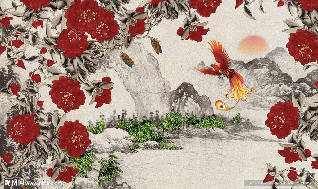中式唯美牡丹凤凰山峦背景墙
