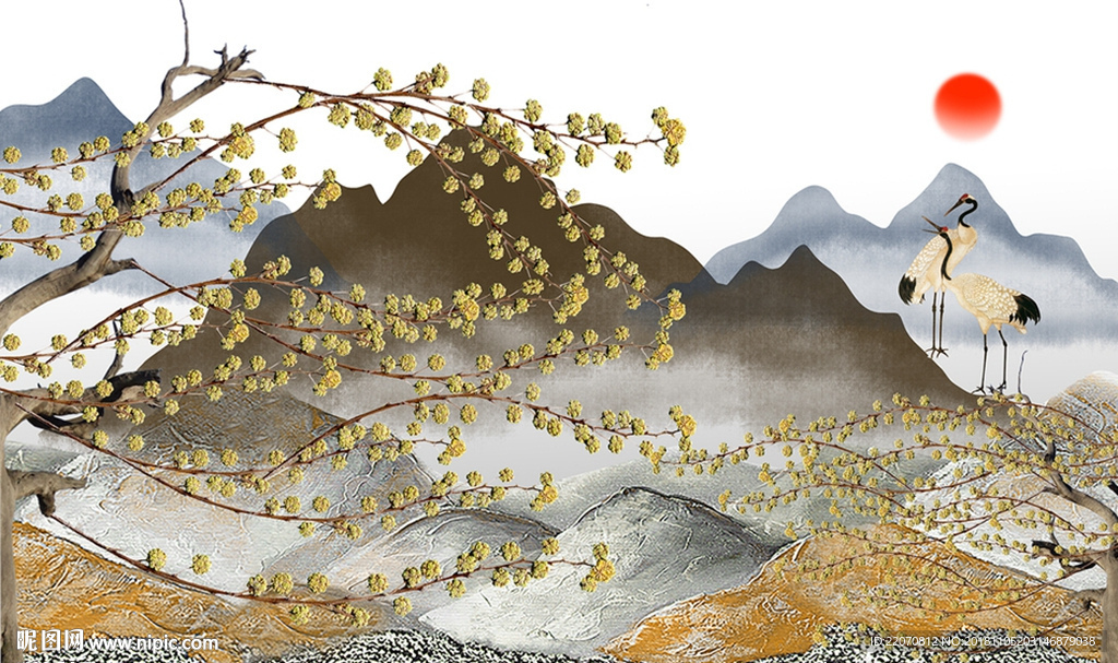 新中式树枝白鹭山背景墙