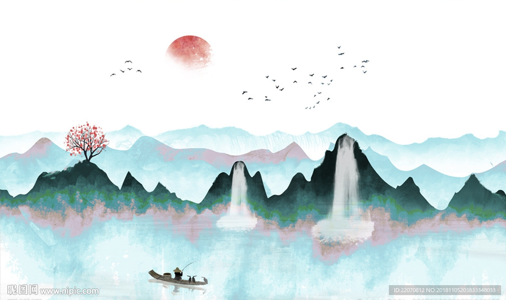 中式山水小船日出小鸟背景墙