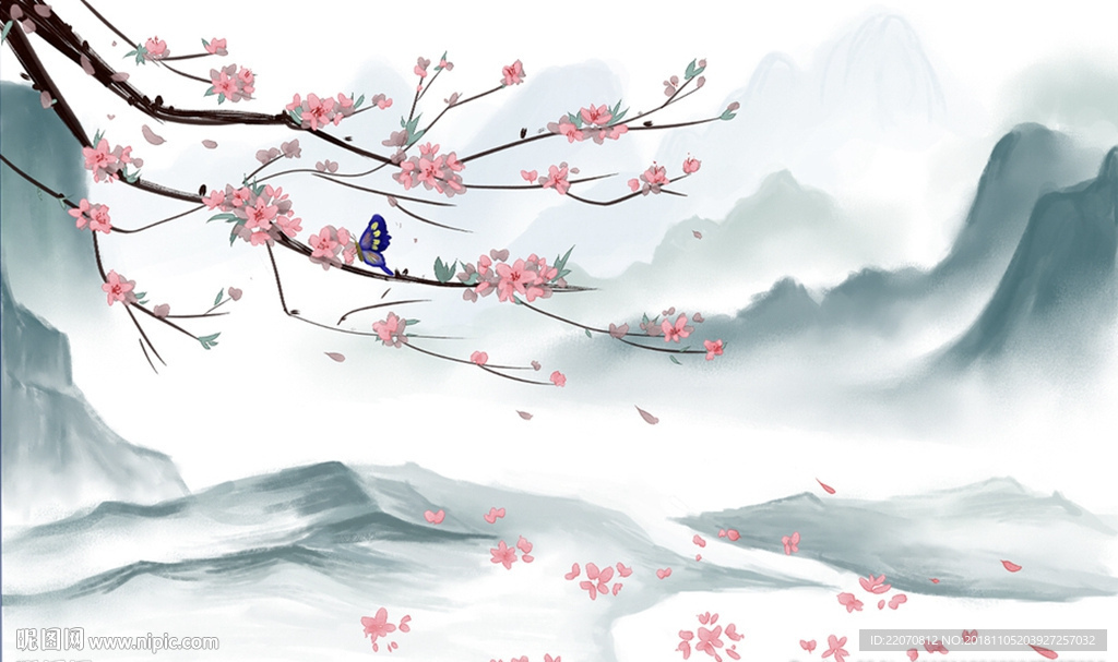 中式清新淡雅山水花枝背景墙