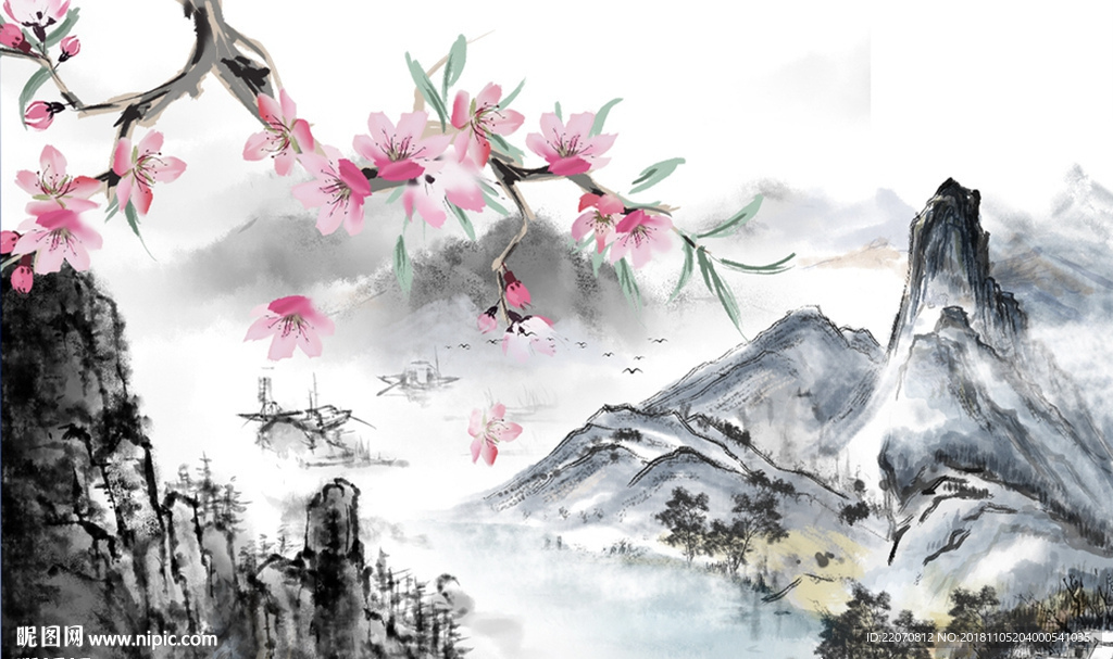 清新大气水墨山水花枝背景墙