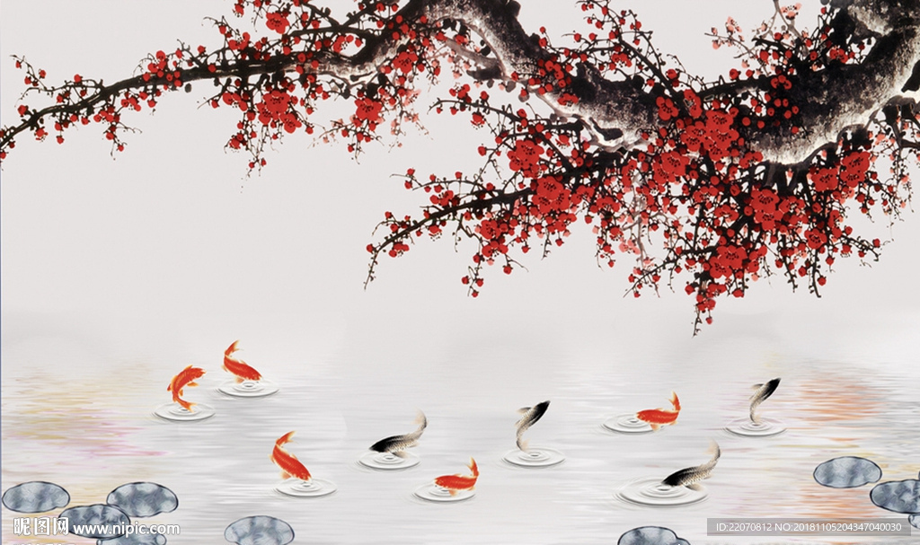 中式梅花水墨鲤鱼山水背景墙