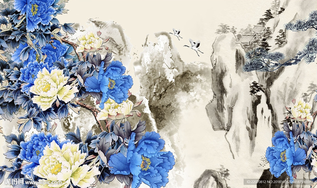 蓝色牡丹水墨山峦飞鹤背景墙