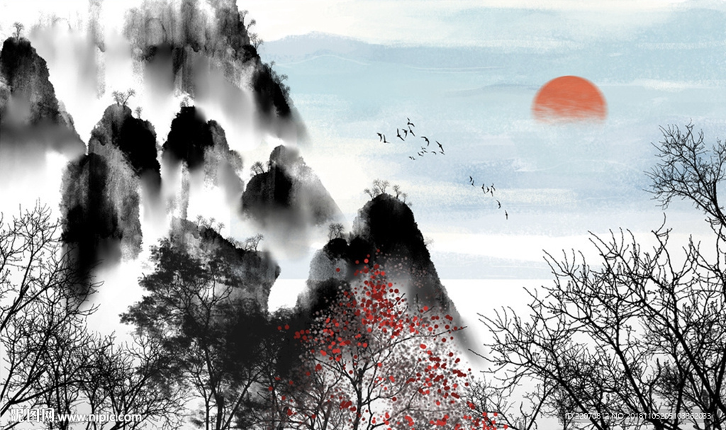 中式简洁树木山水风景背景墙