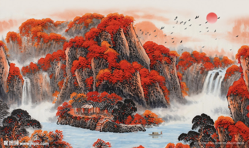 新中式国画流水生财水墨山水背景
